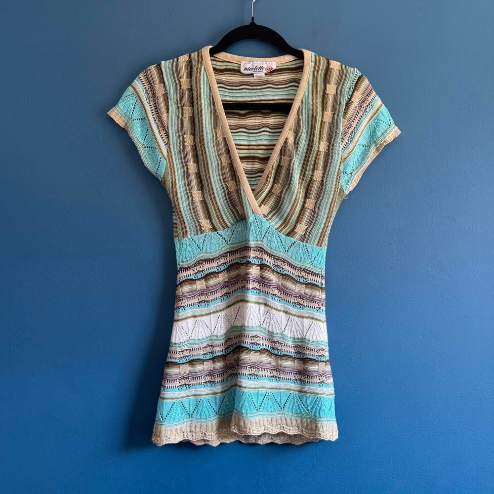 Y2K Knit Blouse Women's Size Large Nicolette Made In USA Blue Brown Stripe 90s